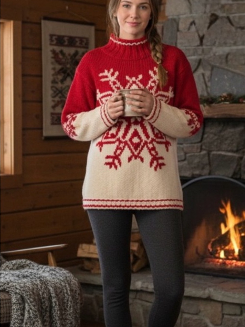 Vintage Express tricot Cozy Red and Cream Nordic Snowflake wool Sweat